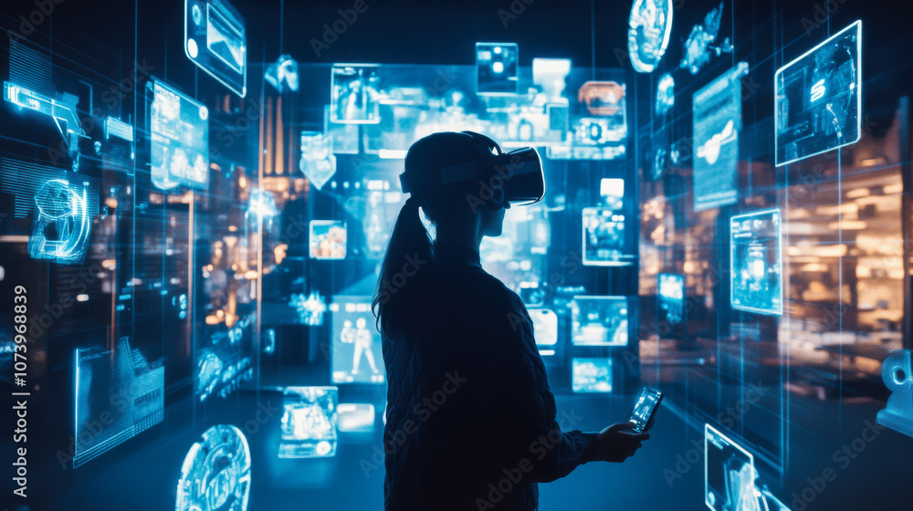 Aufkleber a person experiences virtual reality while exploring a futuristic digital environment filled with in