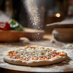 Wood-Fired Pizza Preparation with Flour Dusting in Rustic Kitchen