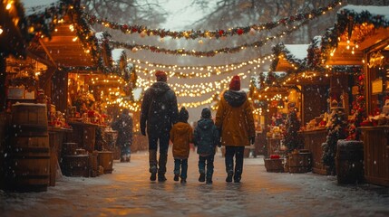 Family enjoying a festive market.
