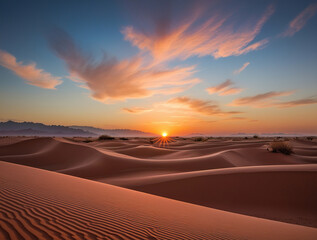 Sunset over the desert of Saudi Arabia wide view
