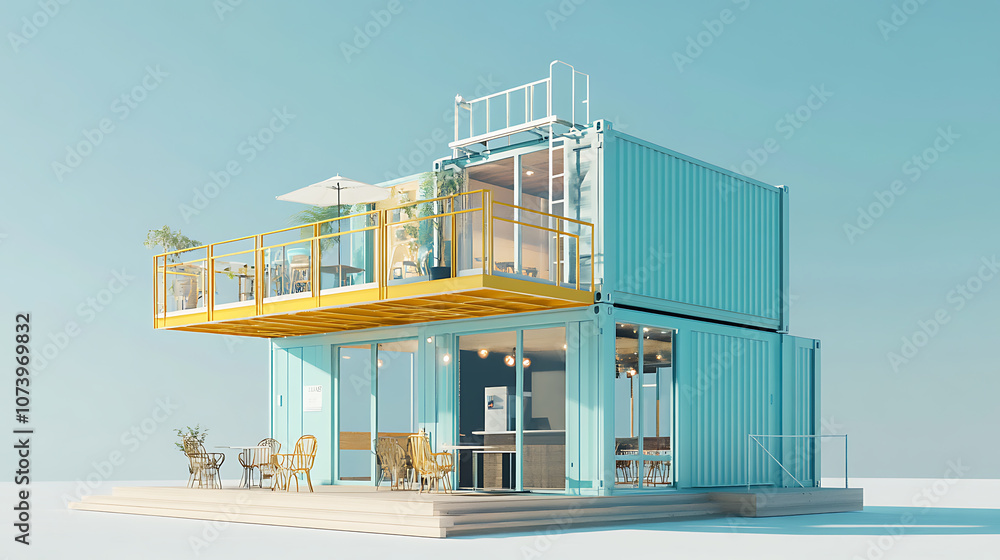 Poster A 3D illustration and rendering of a two-storey container cafe