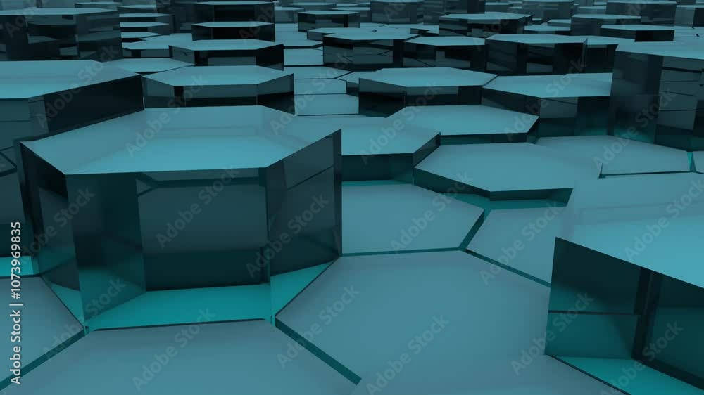 Poster blue hexagonal grid in 3d perspective, creating a futuristic tech background.