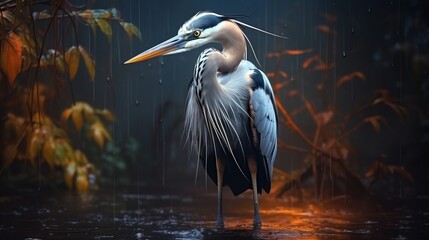 A heron stands near the water on a natural background. Generative AI