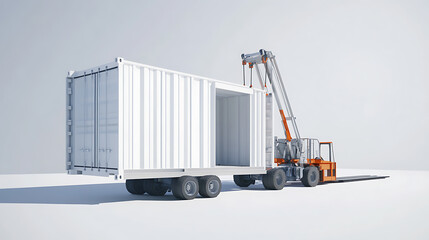 A 3D rendering of a cargo container being loaded, isolated on a white background