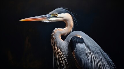 Close-up portrait of a heron on a black background. Generative AI