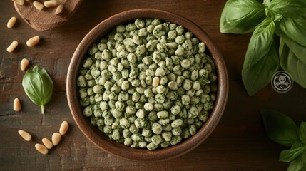 Rustic Pesto Pasta Bowl Garnished with Fresh Basil