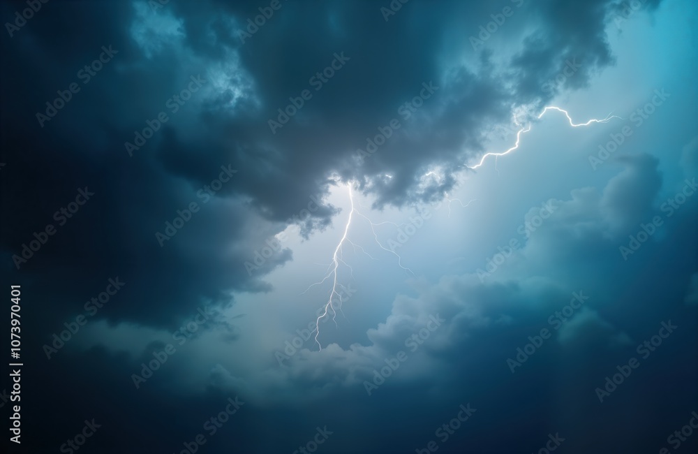 Poster dark storm clouds with flash of lightning. thunderstorm with lightning bolt, dark sky. thunderstorm 