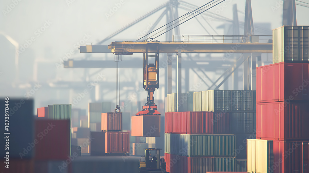 Poster a crane unloading a cargo container at the port