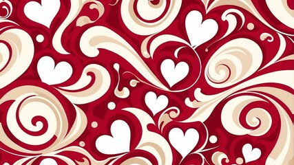 Cute crimson and ivory swirls with hearts background