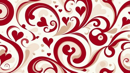 Cute crimson and ivory swirls with hearts background
