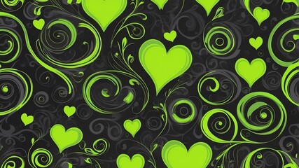 Fototapeta premium Cute charcoal and neon green swirls with hearts background