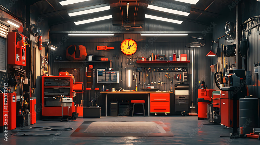 Poster 3d rendering of workshop garage with tools and equipment for auto repair digital illustration