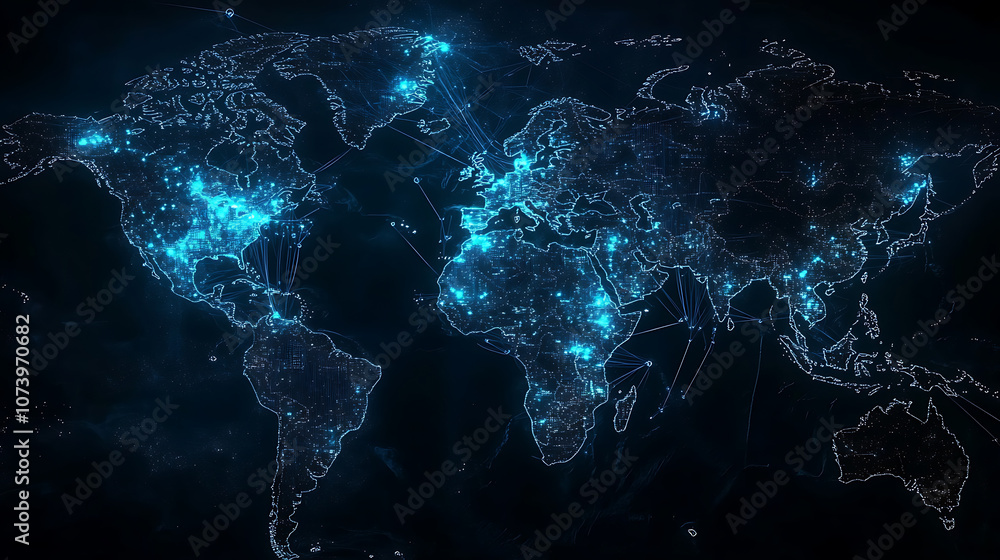 Poster a digital map of the world with blue glowing connections between cities, representing global connect