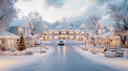 Cozy winter wonderland in a snowy Christmas town with twinkling lights and festive decorations