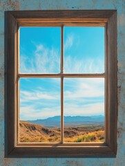 Fototapeta premium The window reflects a peaceful natural landscape with mountains, under a bright blue sky and fluffy clouds, inviting tranquility. Generative AI