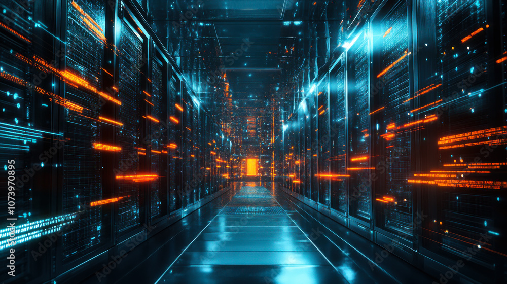 Poster exploring a futuristic digital tunnel filled with vibrant orange data streams during a high-tech jou