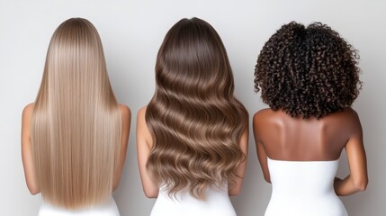 Three women showcase diverse hair types from the back against a simple white background