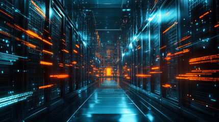 Exploring a futuristic digital tunnel filled with vibrant orange data streams during a high-tech journey in cyberspace