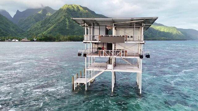 Drone Tahiti 4k. Tower for surf contest. Teahupoo famous surfing action sports destination in French Polynesia. 