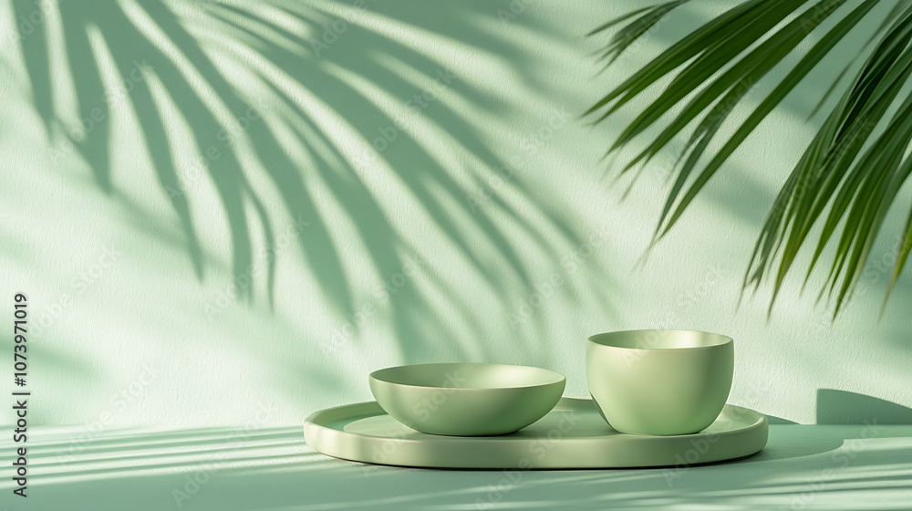 Aufkleber A light green background with shadows of palm leaves, a simple and elegant display stand for product presentation in the foreground