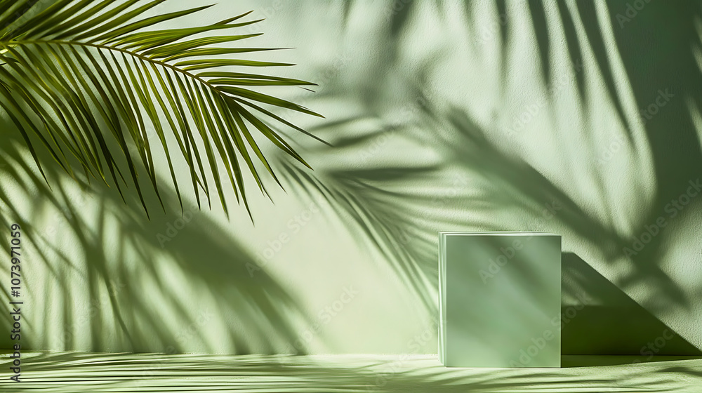 Poster A light green background with shadows of palm leaves, a simple and elegant display stand for product presentation in the foreground