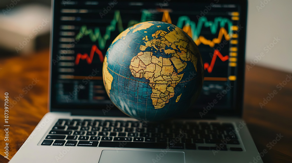 Aufkleber A globe with arrows showing growth and global trade, overlaid on an open laptop computer displaying financial charts
