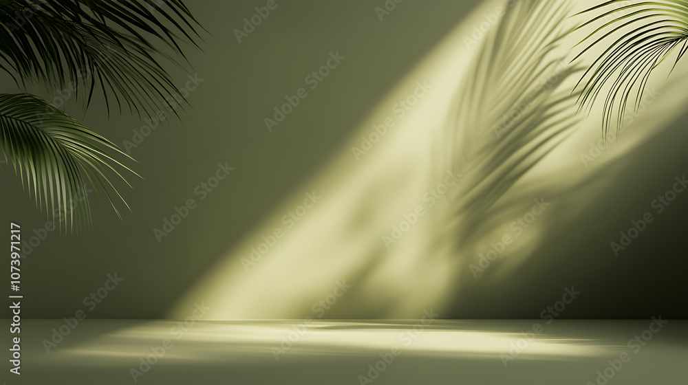 Leinwandbilder a minimalist background with an olive green gradient, featuring subtle palm leaf shadows on the wall
