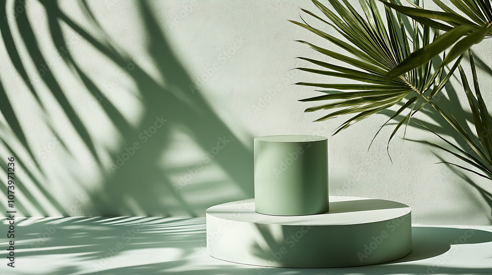 Aufkleber A light green background with shadows of palm leaves, a simple and elegant display stand for product presentation in the foreground