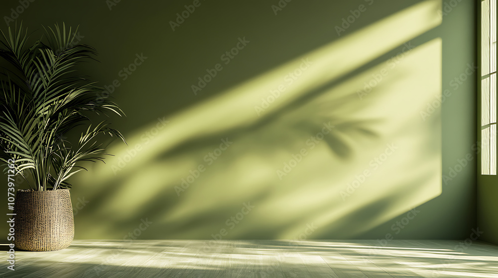 Poster A minimalist background with an olive green gradient, featuring subtle palm leaf shadows on the wall for product display presentation mockups