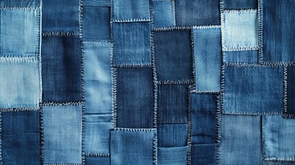 A detailed depiction of blue jeans texture featuring patches, creating a classic denim background. The fabric pattern highlights the distinctive weave, with visible stitching, faded areas 