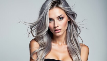 Fototapeta premium A sophisticated portrait of a woman with flowing silvery hair and subtle makeup, exuding confidence and elegance. Her bare shoulders and enigmatic gaze enhance the beauty and fashion concept.