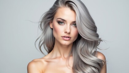 Fototapeta premium A sophisticated portrait of a woman with flowing silvery hair and subtle makeup, exuding confidence and elegance. Her bare shoulders and enigmatic gaze enhance the beauty and fashion concept.
