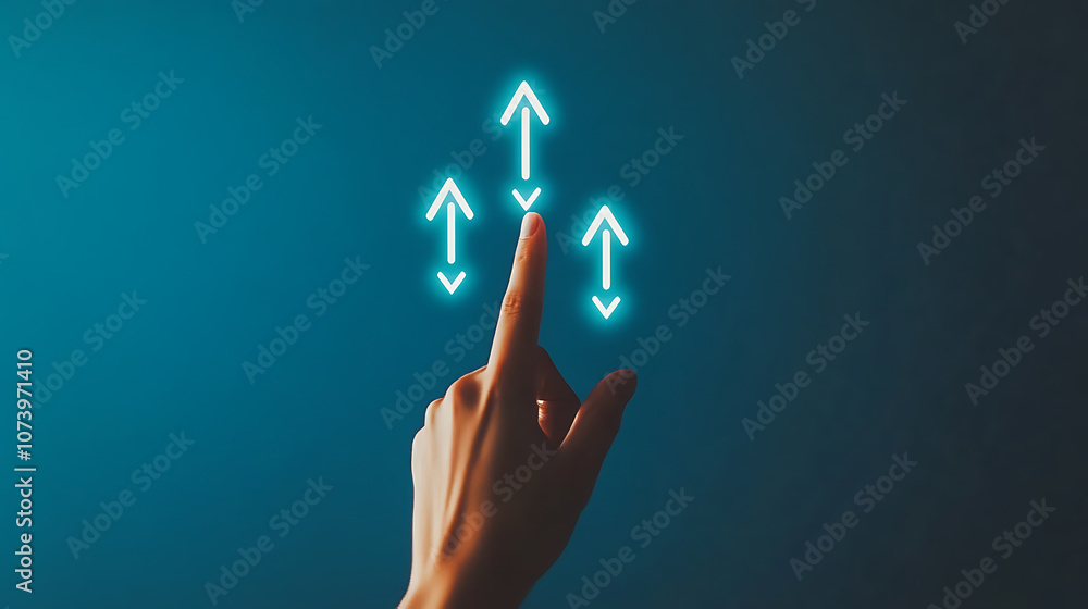 Poster a hand touching an arrow up icon on a blue background, representing the concept of business growth o