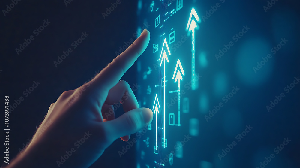 Aufkleber A hand touching an arrow up icon on a blue background, representing the concept of business growth or financial success with a hand pointing at upward arrows on a virtual screen