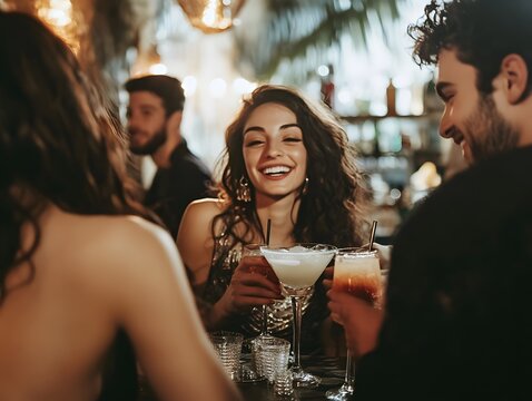 A group of friends drinking cocktails in a fancy bar