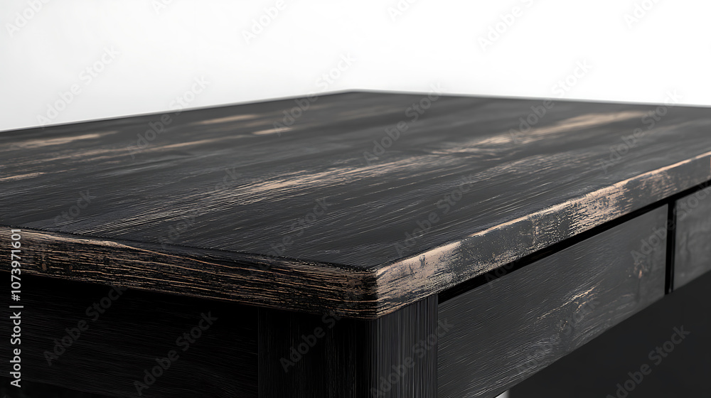 Poster A realistic 3D vector mockup featuring a black wooden table in the foreground with a rustic brown countertop, isolated on a white background, designed to showcase a retro dining desk