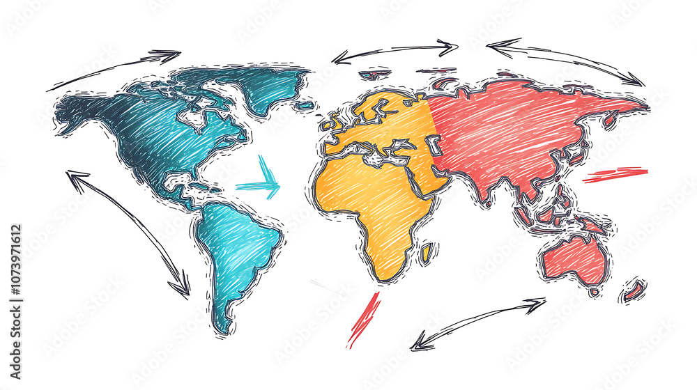 Poster a handdrawn map of the world with arrows indicating global trade, showing multiple colors on white b
