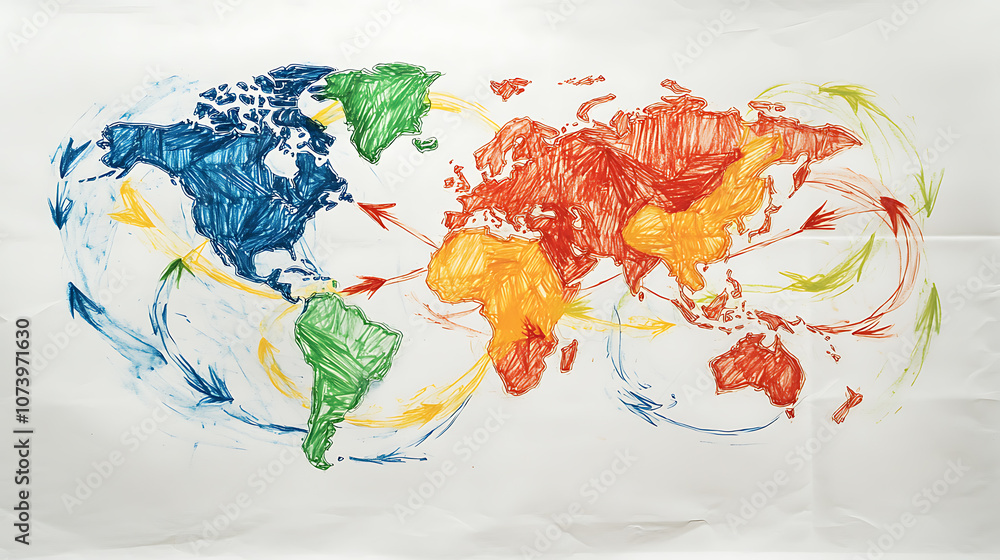 Poster a handdrawn map of the world with arrows indicating global trade, showing multiple colors on white b