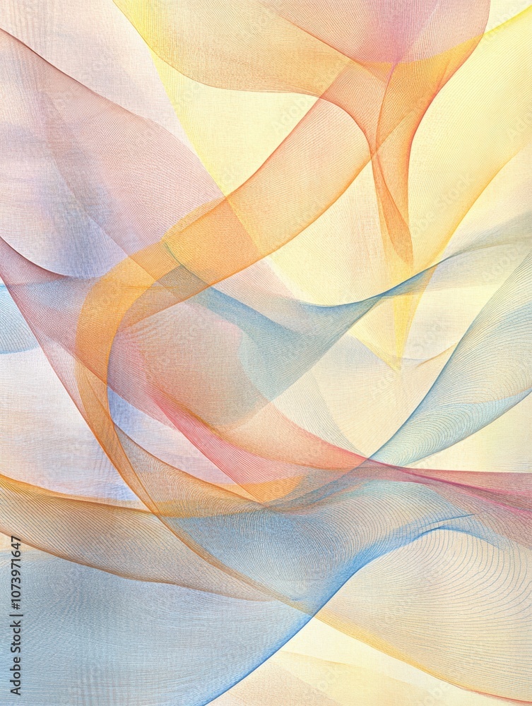 Poster soft pastel colors blend harmoniously in flowing lines and waves, creating a calming abstract backgr
