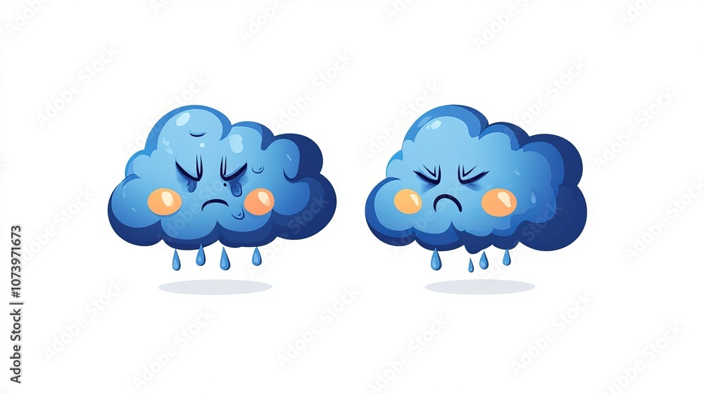 Poster flat vector illustration of a heavy rain weather icon. the design features gloomy, frowning clouds w
