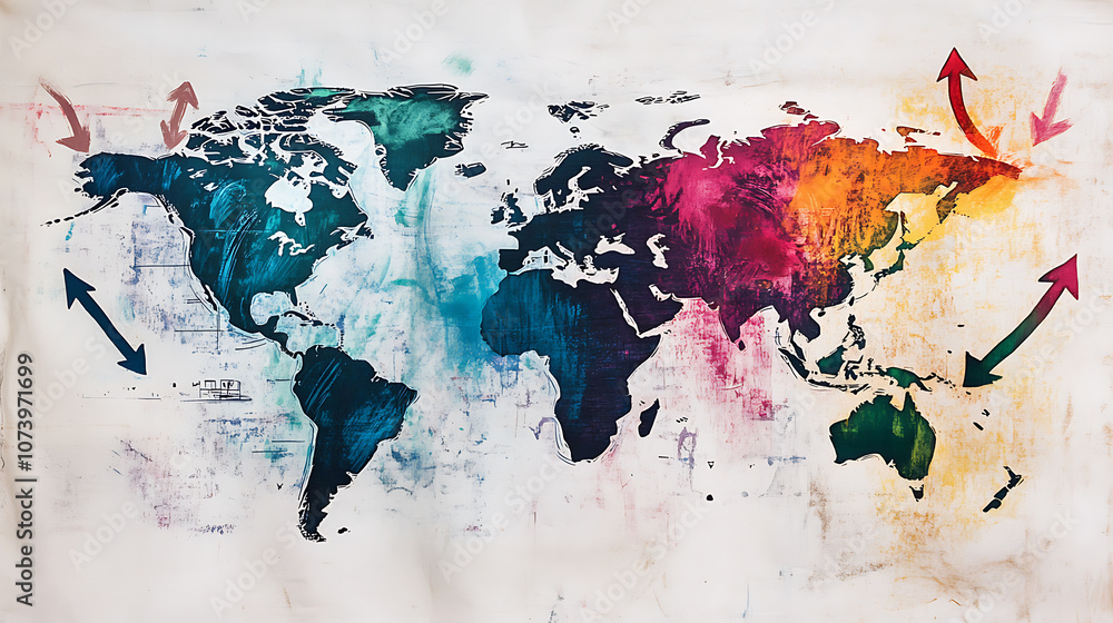 Poster a handdrawn map of the world with arrows indicating global trade, showing multiple colors on white b