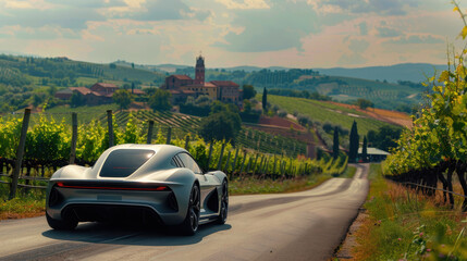 Fototapeta premium Luxury Electric Sports Car on Scenic European Road Amidst Picturesque Vineyards