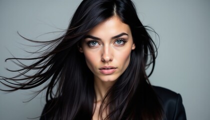 Naklejka premium A striking portrait of a woman with long, flowing dark hair, gazing confidently at the camera. The image conveys elegance, confidence, and beauty against a neutral background.