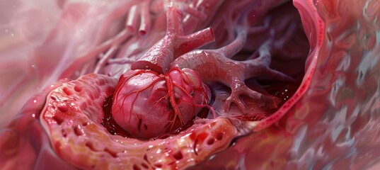 Illustration of Aortic Stenosis: Human Heart with Narrowed Aortic Valve for Medical Education