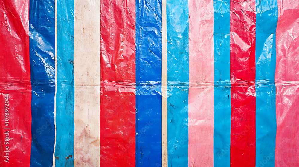 Poster A red, white and blue striped tarp with vertical stripes of varying sizes, creating an abstract pattern