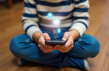 Child sitting on the floor and holds smartphone with flying notification icons, social media