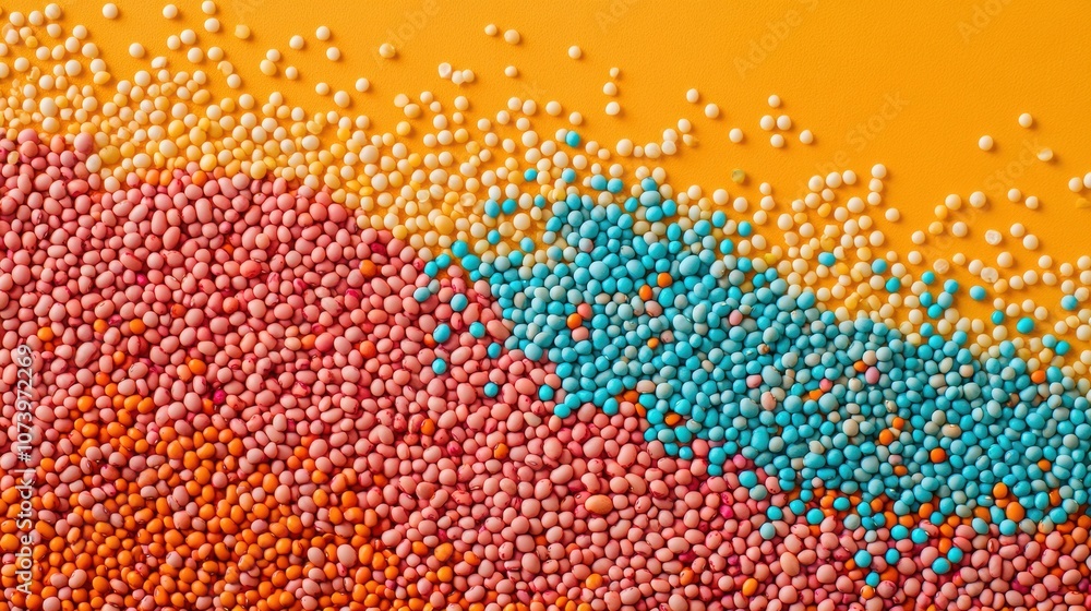 Poster an array of colorful beans, lentils, and seeds is arranged to create an abstract pattern on a bright