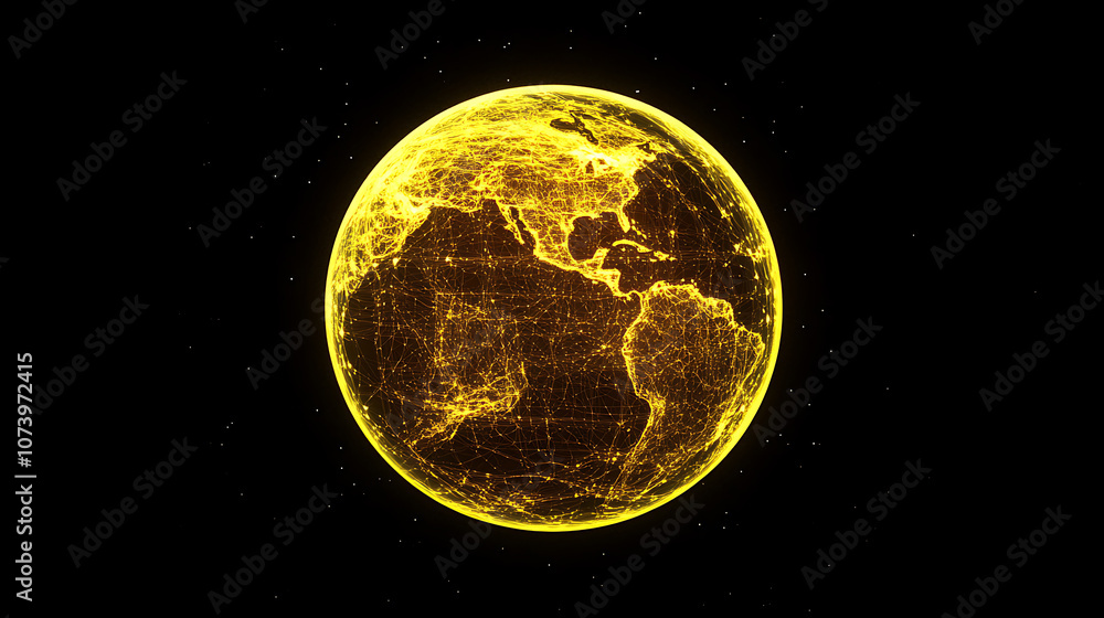 Poster a yellow planet earth made of lines and dots on a black background, data visualization glowing light