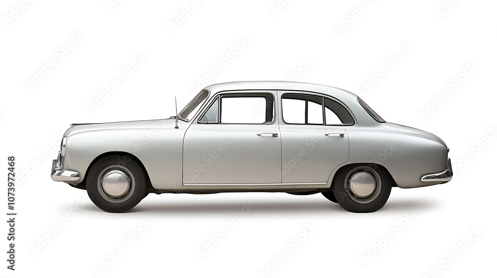 Poster A silver car, side view on white background with copy space