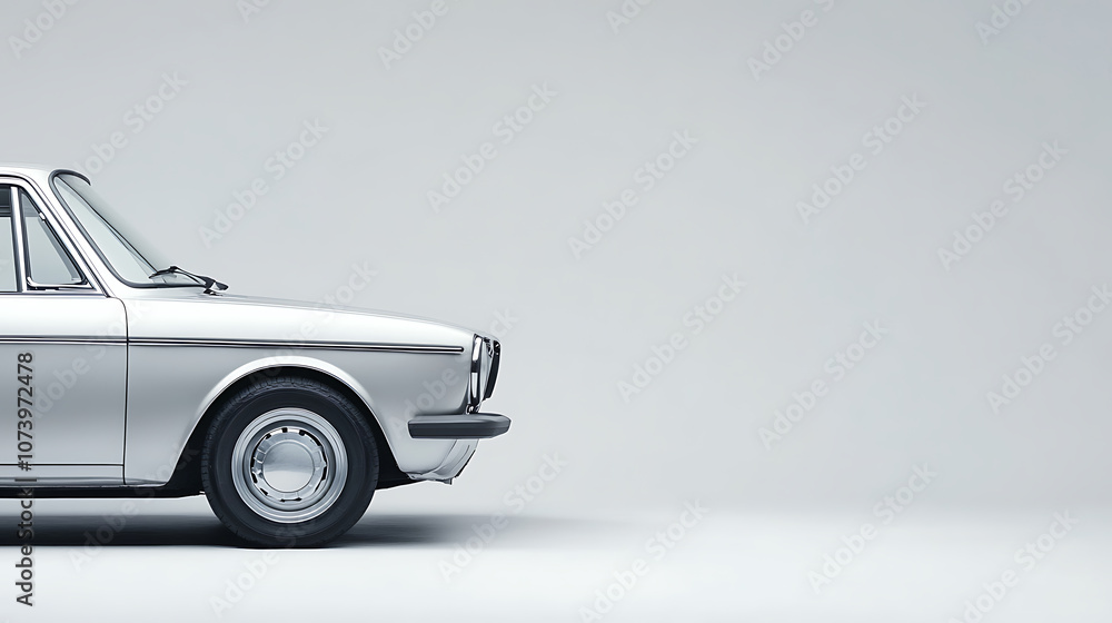 Poster a silver car, side view on white background with copy space